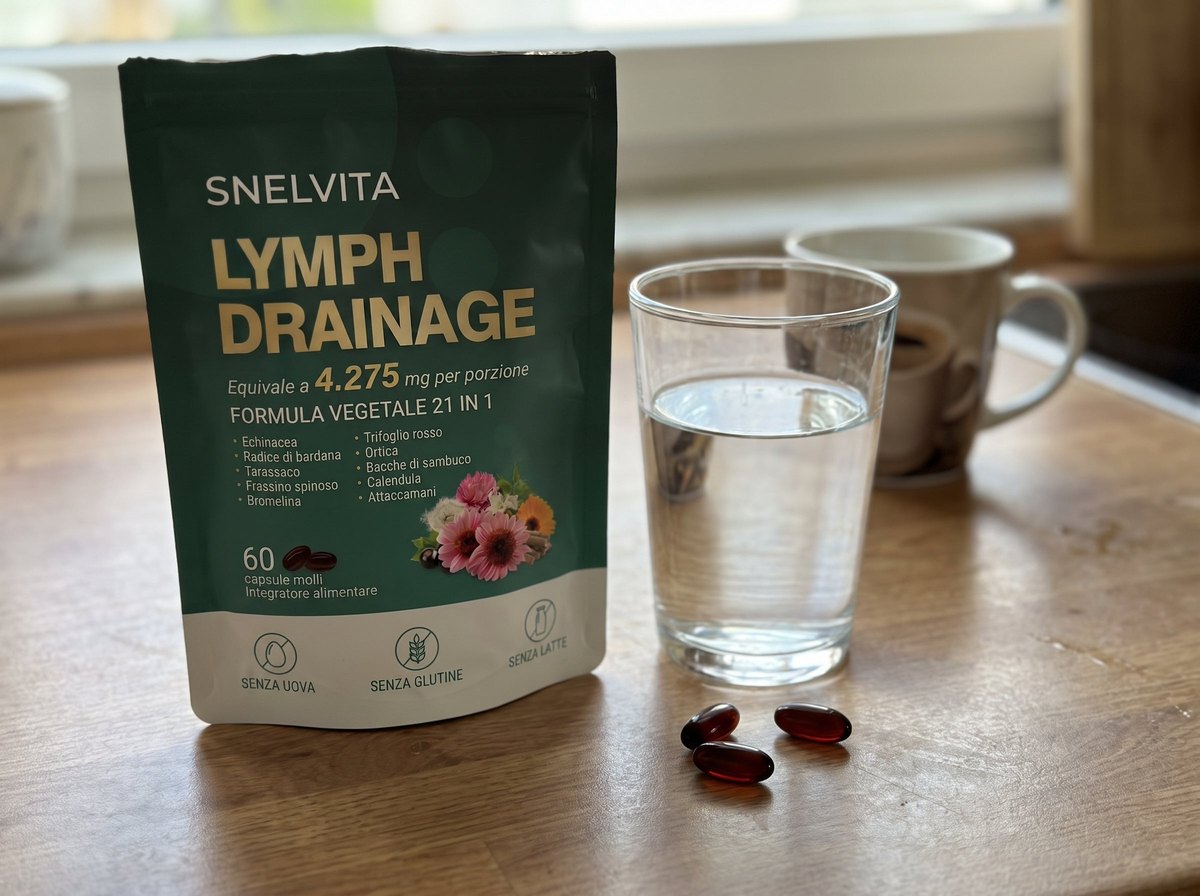 Confezione Snelvita con un bicchiere d'acqua sul piano della cucina